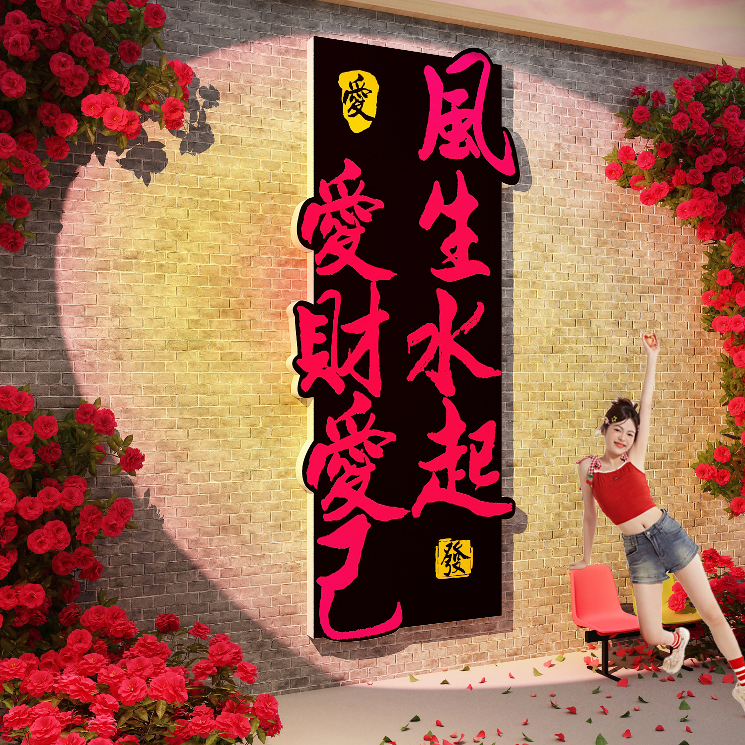 网红打卡拍照区布置玫瑰花小院墙面装饰氛围造背景爱财已风生水起,淘宝优惠券,粉丝福利购,淘宝优惠卷