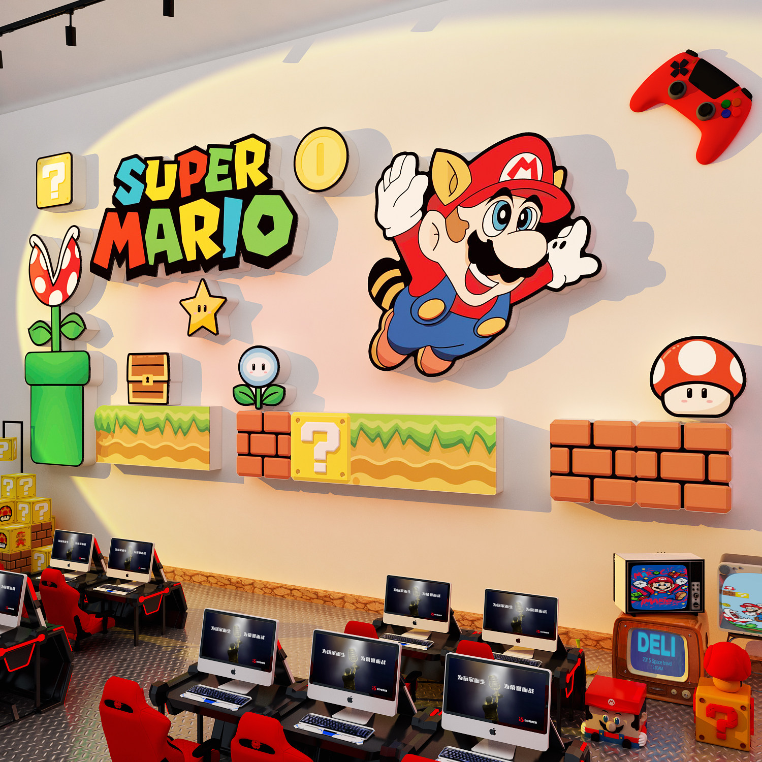 网吧电竞馆房间墙面装饰布置超级玛丽马里奥海报挂画3d立体贴背景,淘宝优惠券,粉丝福利购,淘宝优惠卷