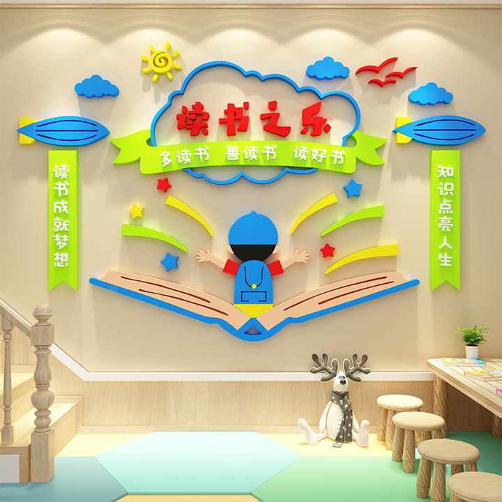 幼儿园童阅读区布置装饰图书角览室绘本馆环境创文化主题墙面成品