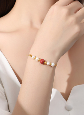 闽粤新款设计朱砂红豆淡水珍珠小清新手链女S925纯银新中式高级感