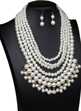 人之初唐嫣同款时尚多层珍珠流苏项链耳环套装夸张毛衣链女颈链