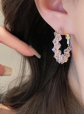 韩系爆闪精致锆石水晶耳环女轻奢小众高级感C形耳圈耳钉网红耳饰