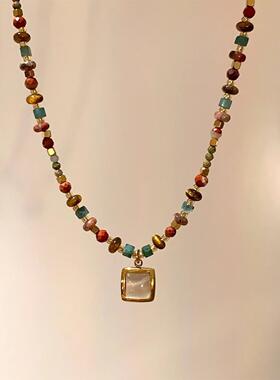 彩色水晶串珠猫眼石吊坠项链女小众气质复古民族风百搭锁骨链颈链