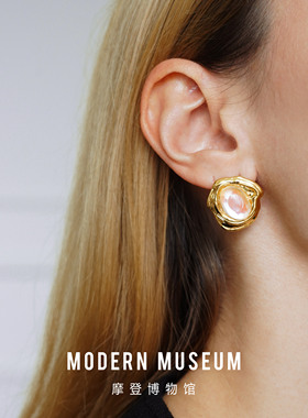 MODERN MUSEUM摩登博物馆原创设计轻奢金色不规则圆形粉色耳环