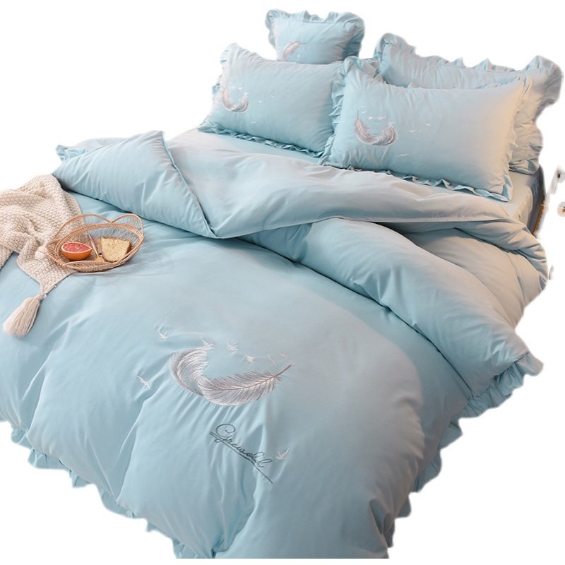 网红轻奢全棉裸睡四件套纯棉纯色刺绣柔软亲肤被套床裙式床上用品,淘宝优惠券,粉丝福利购,淘宝优惠卷