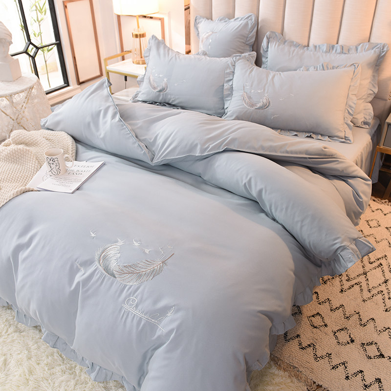 网红轻奢全棉裸睡四件套纯棉纯色刺绣柔软亲肤被套床裙式床上用品,淘宝优惠券,粉丝福利购,淘宝优惠卷