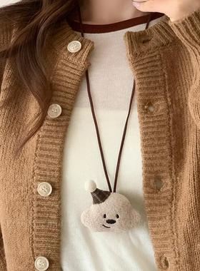 可爱毛绒绒小熊帽子皮绳项链甜美气质独特高级感可调节毛衣链配饰