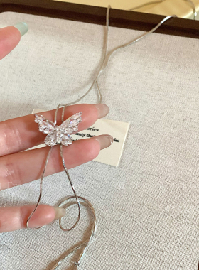 银色蝴蝶流苏毛衣项链女2025新款可抽拉调节长款锁骨链高级感配饰