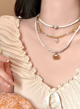 波西米亚风海星贝壳米珠三件套项链女度假风叠戴锁骨链氛围感配饰