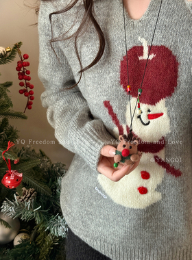 圣诞老人长款挂脖黑绳毛衣链女