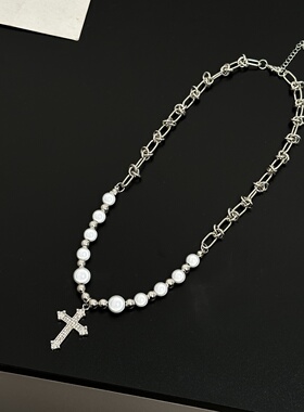 高级感轻奢反光珍珠十字架项链男