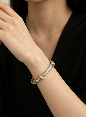 欧美钢丝绳间金交叉麻花手镯男女