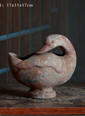 仿古陶器鸭形杯中式博古架摆件