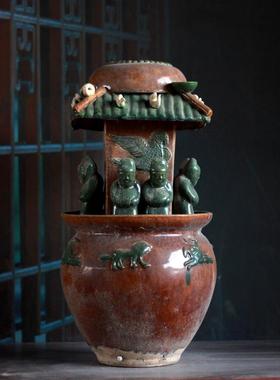 西晋仿古陶器汉绿釉陶楼堆塑谷仓罐摆件影视道具客厅玄关桌面装饰