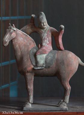 仿古彩绘陶马上人摆件唐代画彩陶器骑马俑古玩收藏艺术品影视道具