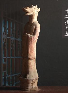 仿古彩绘十二生肖蛇陶俑摆件陶俑古玩老物件收藏酒店影视道具装饰