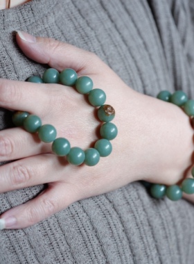 忆江南。新疆籽料和田玉爆油真皮沙枣青12毫米圆珠手链 配证书
