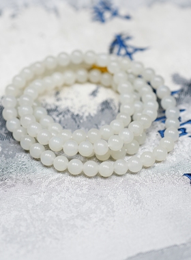 羊尾油。新疆且末料和田玉5.5毫米羊脂白玉约110颗多圈手项链女