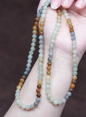 秋意浓。新疆和田玉6毫米108颗楼兰三色多宝项链 配证书