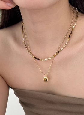 天然石虎眼石吊坠项链锁骨链女款叠戴复古设计感高级感小众精致感