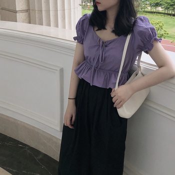 韩国热门薰衣草紫泡泡袖短款显瘦超A花瓣短上衣