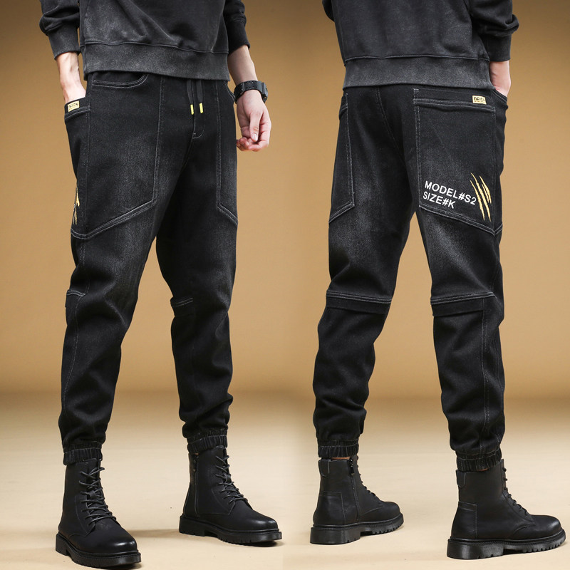 春秋季复古松紧腰多口袋牛仔裤韩版休闲哈伦裤潮牌青少年工装长裤,淘宝优惠券,粉丝福利购,淘宝优惠卷