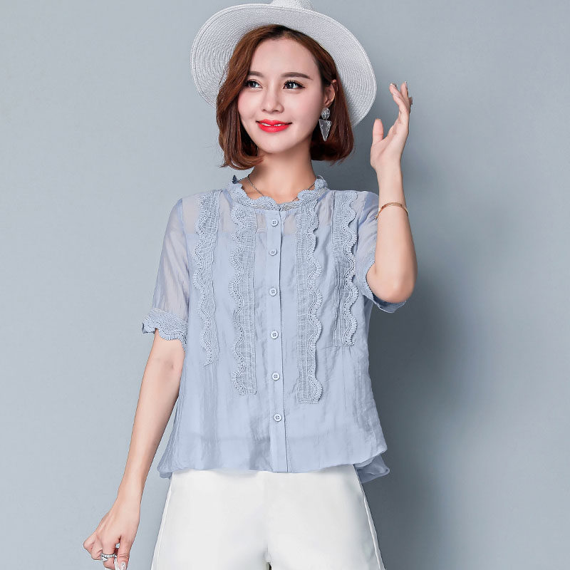 雪纺衫春夏2020新款短袖遮肚子衬衫 碧沁伊人蕾丝衫/雪纺衫