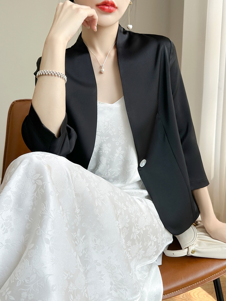 醋酸白色西装外套女高级感休闲薄款春夏季缎面小个子黑色西服套装