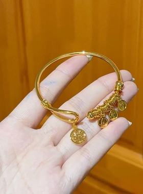 2025款手环金店同款铜镀沙金女士平安喜乐盘缠开口手镯女亮面镯子