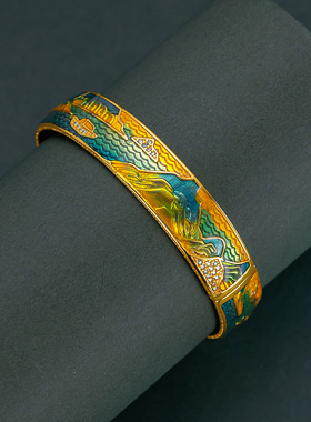 2025时尚国风精美卡扣千里江山手镯金店同款复古宫廷气质鎏金手环