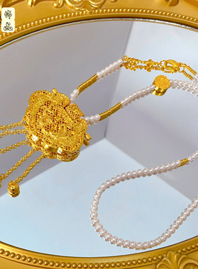 爆款金店黄金色古法沙金花丝镶嵌天子门生龙凤流苏锁包吊坠女项链