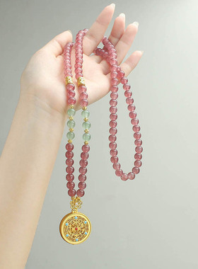 2025新女式国风紫色串珠圆盘吊坠项链设计感复古旗袍汉服气质衣链