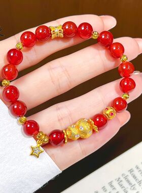 新中式沙金镶钻拉丝葫芦红玛瑙手串黄金色福禄吉祥星星高级女手链