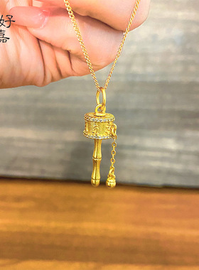 2025新款沙金中式镶钻拨浪鼓项链六字真言铃铛高级感复古毛衣链女