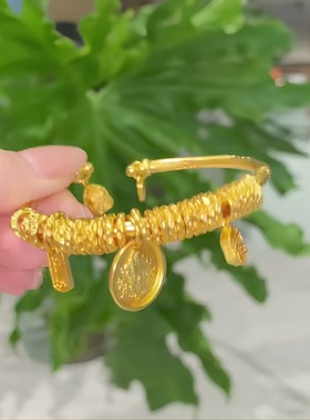 沙金錾刻吉言黄财神福牌平安喜乐盘缠开口手镯新中式招财手串