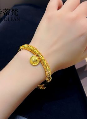 2025金店同款沙金镜面黄财神吉言盘缠锤纹手镯女元宝如意开口手环