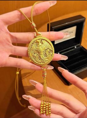 2025金店同款沙金镂空花丝金凤香囊吊坠女款凤凰于飞圆牌流苏项链