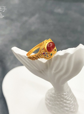 2025黄金色沙金花丝红玉髓戒指开口可调指环女复古宫廷风轻奢手饰