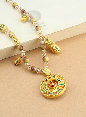 2025藏式唐卡链条可拆卸仿金虎眼水晶珠转动项链女百搭吊坠毛衣链