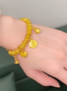 2026女款沙金黄财神吞金兽桃花牌许愿盘缠手镯开口手串黄金色镯子