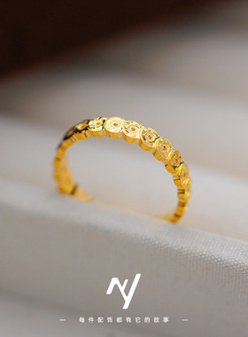 2025新款沙金碎冰钱多多铜钱戒指女轻奢镂空钱币闭口指环素圈指环
