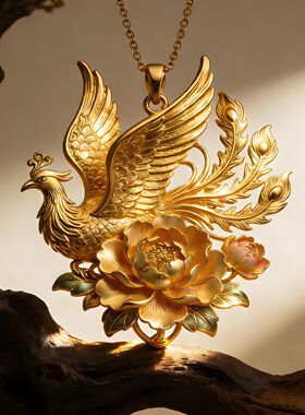 玫瑰金色凤凰牡丹吊坠女款国风纯手工翎凰祥凰挂坠国潮风牡丹项链