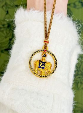 男女黄金色久不掉色沙金猛犸象吊坠烧蓝珐琅太平有象罗盘项链挂坠