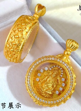 金店同款黄金色沙金黄财神噶乌盒吊坠女士中式老钱风时髦项链挂坠