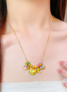 2025甜美多巴胺星月交辉点钻锤纹爱心项链针式锁骨链设计感送礼女