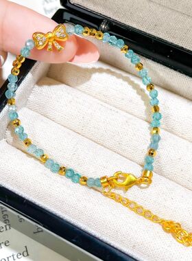 镀真金强保色沙金蝴蝶结蹦迪珠蓝色夏日手链百搭气质时尚简约手链