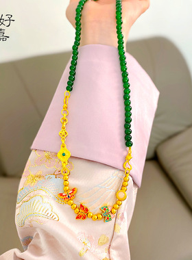 2025款新中式祖母绿珠珠烧蓝蝴蝶项链女铜镀金复古文艺宫廷风衣链