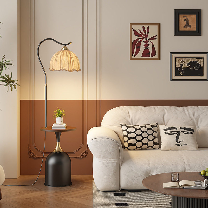 柚子钓鱼落地灯带置物架茶几一体中古风客厅沙发旁边装饰摆件台灯,淘宝优惠券,粉丝福利购,淘宝优惠卷