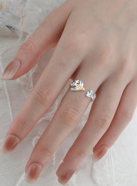 原创飞鸟涂鸦戒指纯银S925可爱卡通童趣多巴胺开口戒