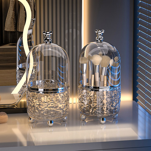 轻奢化妆刷收纳筒可旋转防尘圆形有盖卧室桌面上分隔收纳盒置物架 - 图0